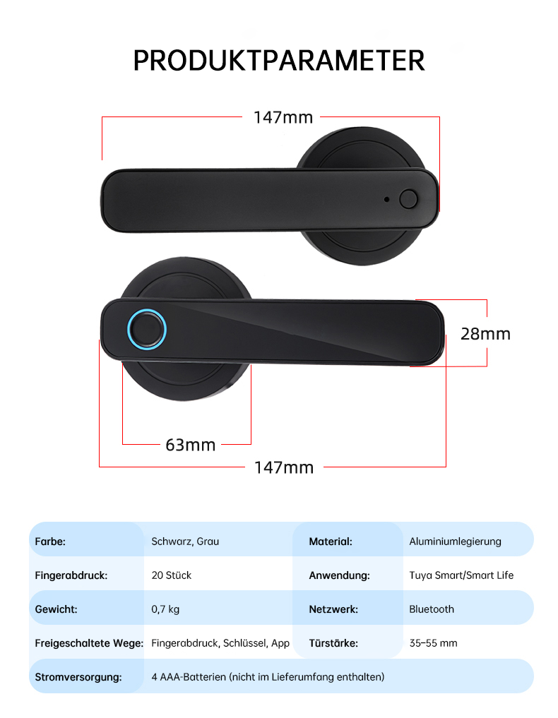 WF‑F3 Bluetooth Fingerabdruckschloss – Parameterübersicht