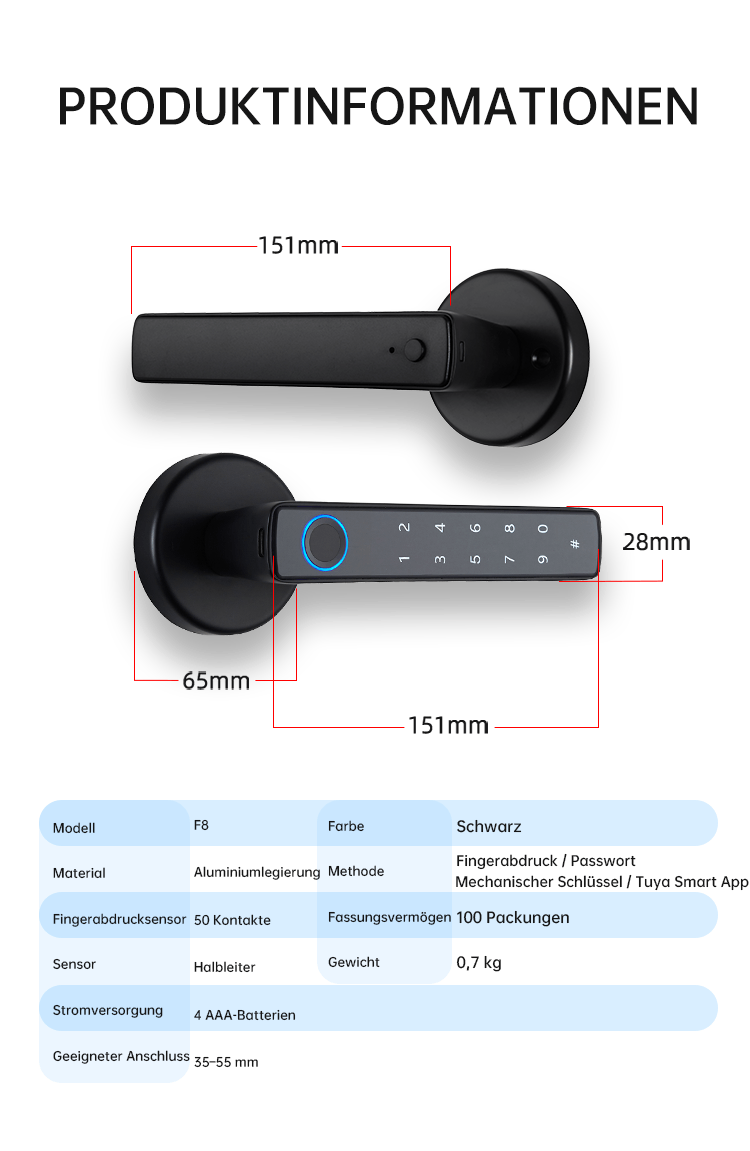 WF‑F8 Parameter & Maßzeichnung
