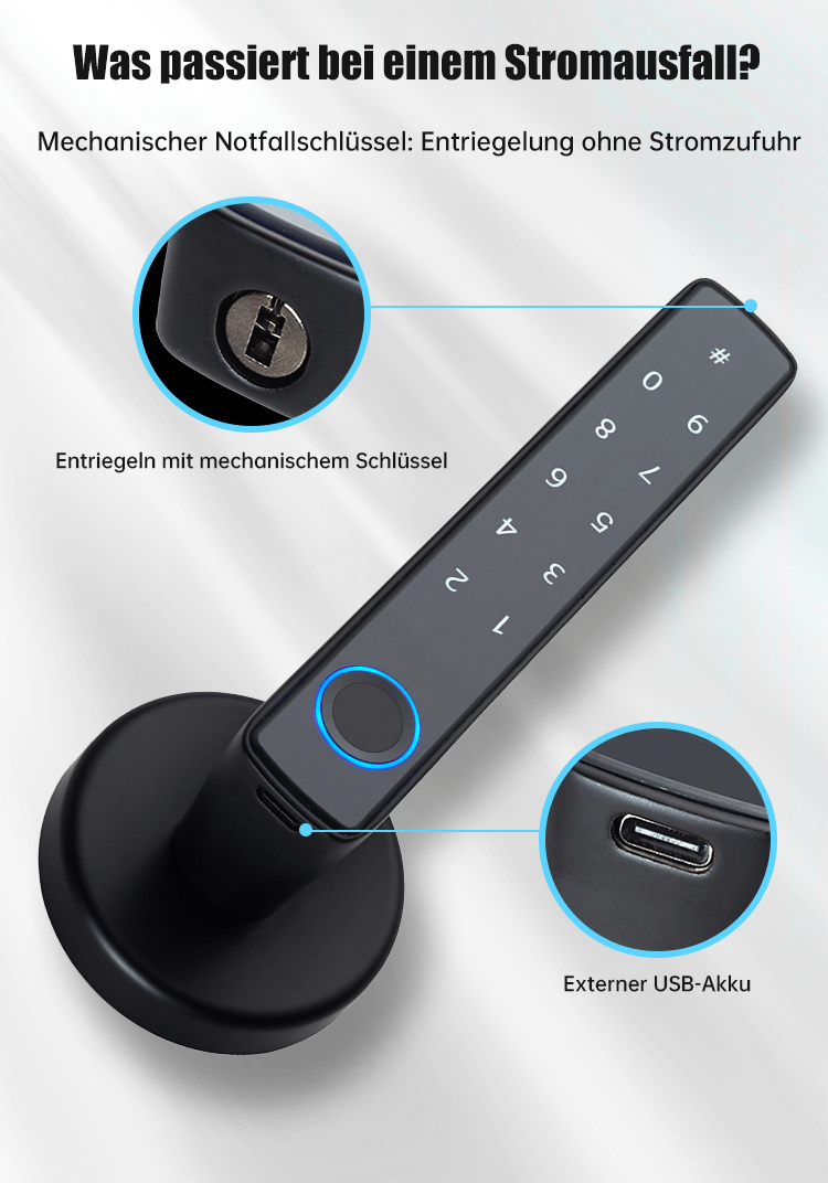 WF‑F8 mechanischer Schlüssel + Type‑C Notstrom