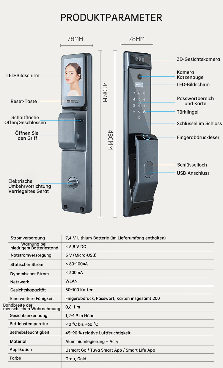 WF‑MY4 Parameter: Gesicht 50–100, Gesamt 200 Nutzer