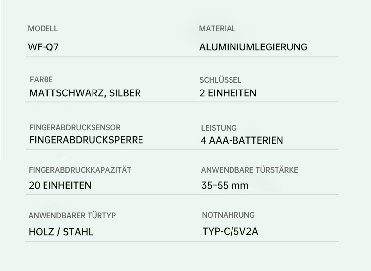 WF‑Q7 Parameterübersicht: 300 Nutzer, 35–55 mm Türstärke