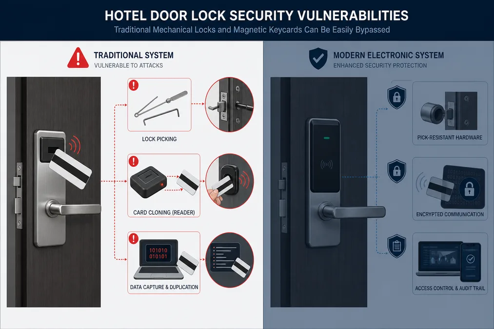 Sicherheitsrisiken traditioneller Hoteltürschlösser: mechanische Schlösser und Magnetkarten anfällig für Manipulation und Klonen