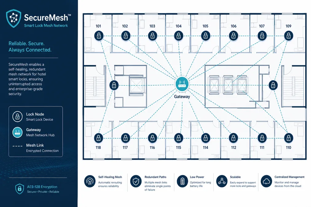 SecureMesh Netzwerktopologie: Hotel-Etagen mit selbstorganisierenden Schlossknoten und redundanter Gateway-Abdeckung