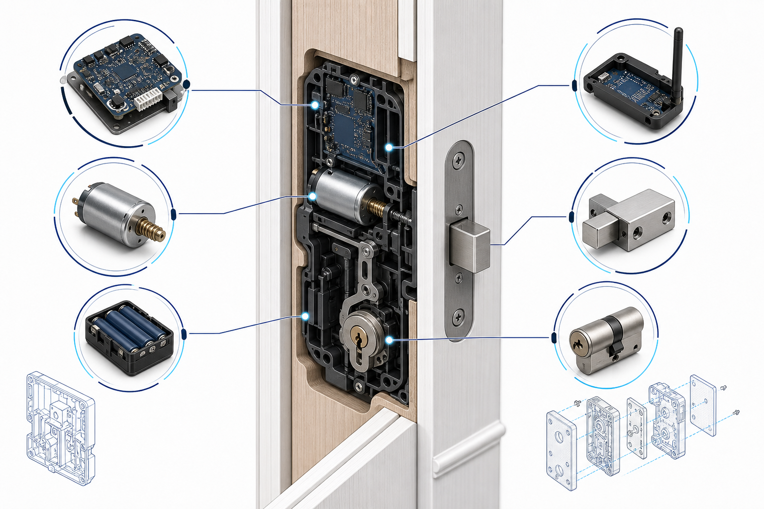 Modularchitektur aus Steuerung, Motor, Batterie und Riegel eines unsichtbaren Smart Locks