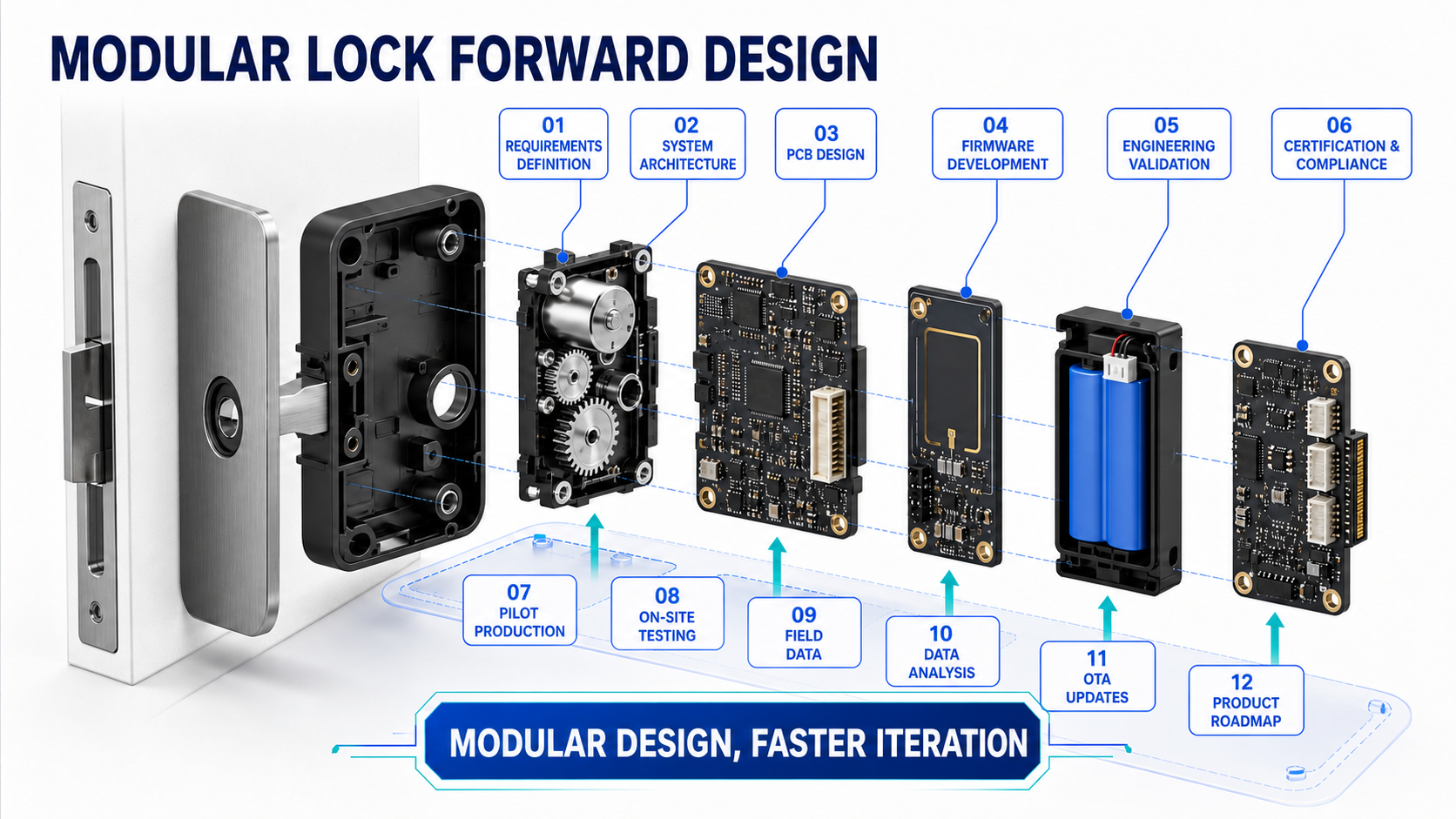 Englische technische Darstellung modularer Smart-Lock-Architektur und Entwicklungsstufen