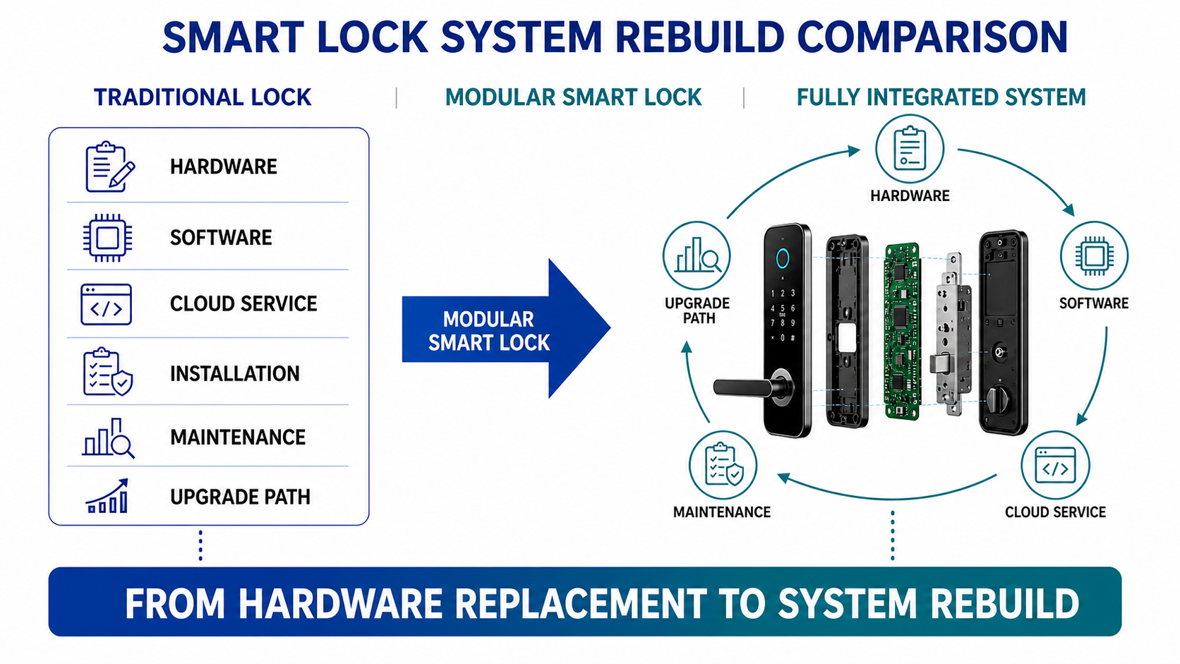 Englische Vergleichsgrafik zu traditionellen, modularen und integrierten Smart-Lock-Systemen