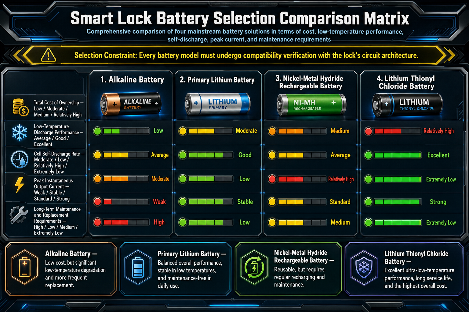Vergleichsmatrix für Alkali-, Primär-Lithium-, Nickel-Metallhydrid- und Lithium-Thionylchlorid-Batterien in Smart Locks