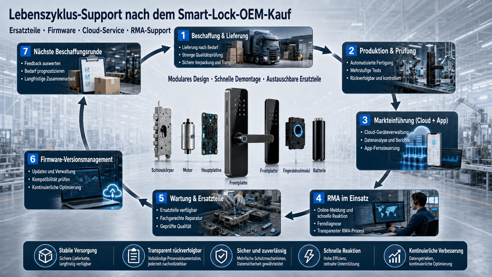 Lebenszyklus-Support für Smart-Lock-OEM mit Ersatzteilen, Firmware, Cloud-Service und RMA